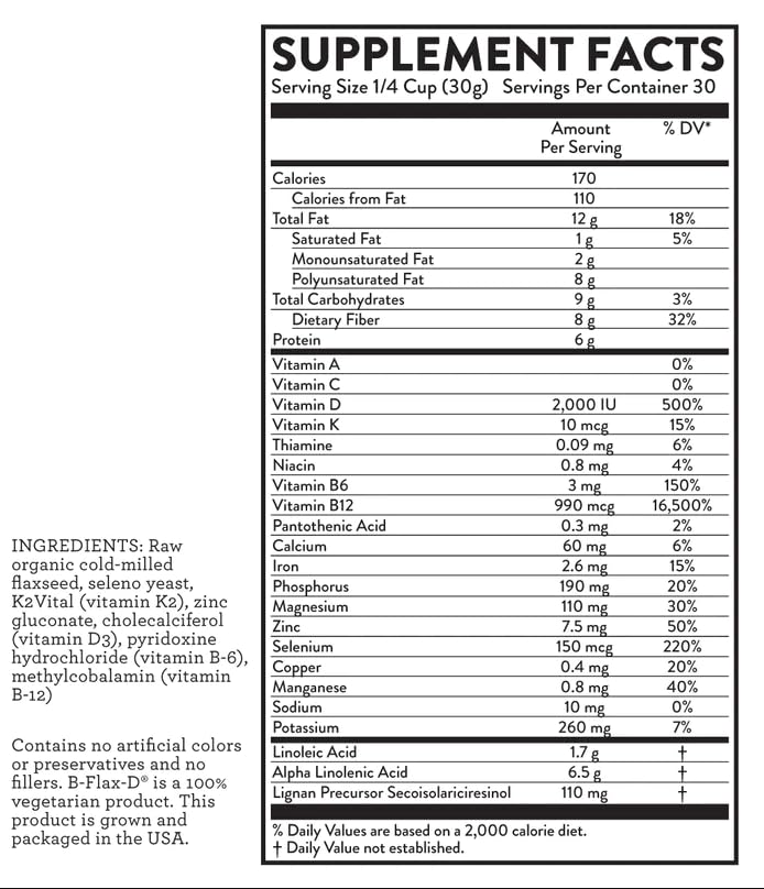 Hallelujah Diet New Generation B-Flax-D nutritional supplement container showing organic flaxseed benefits and vitamins description