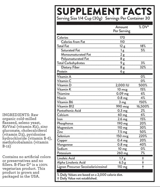 Hallelujah Diet New Generation B-Flax-D nutritional supplement container showing organic flaxseed benefits and vitamins description