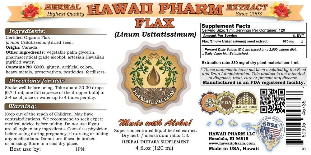 Side view of concentrated alcohol based flax seed tincture bottle showing ingredient details and dropper cap