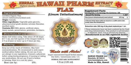 Side view of concentrated alcohol based flax seed tincture bottle showing ingredient details and dropper cap
