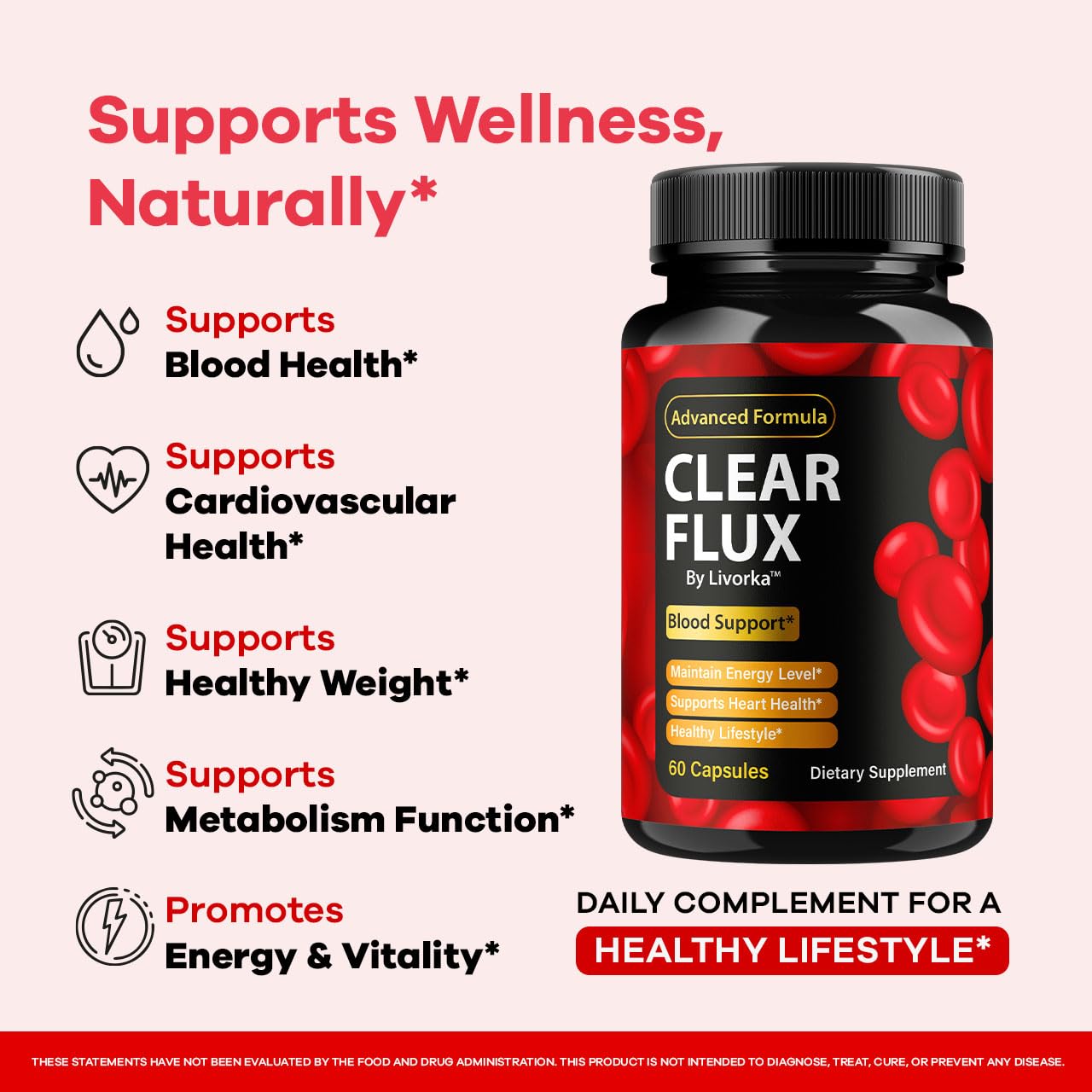 Clear Flux capsules health support bottle on a clean white background