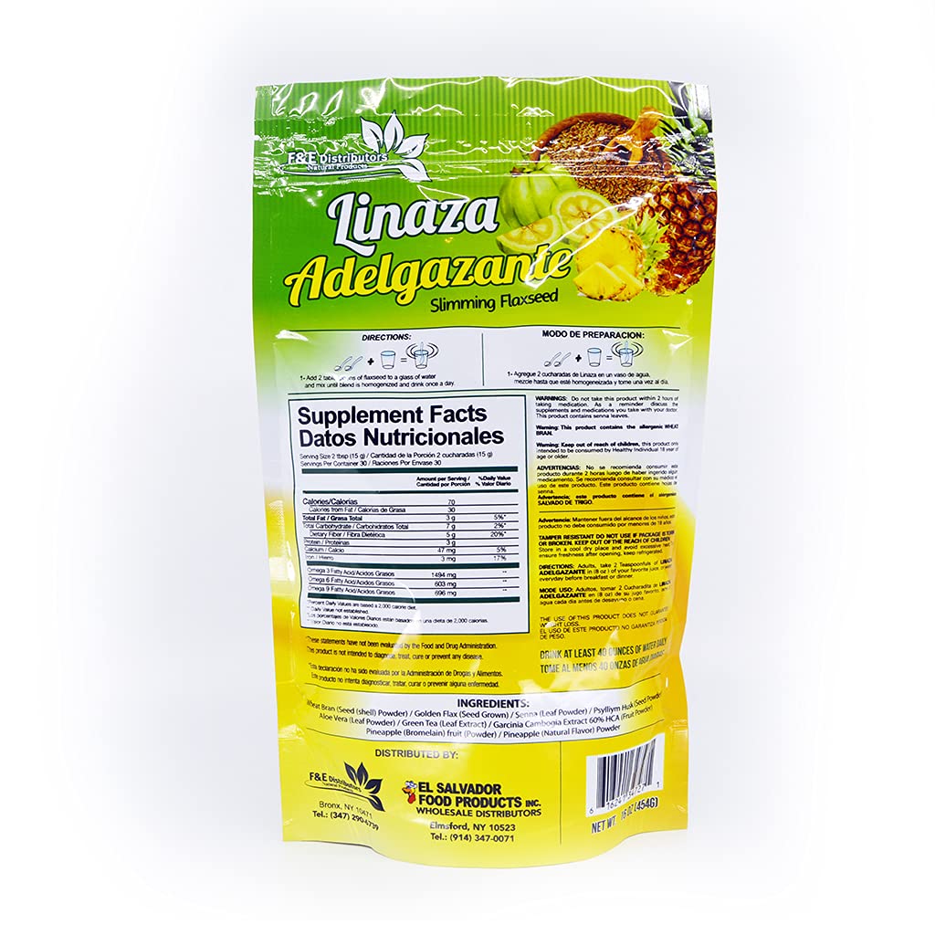 Resealable green and yellow packaging of imported Farcom slimming flaxseed dietary formula
