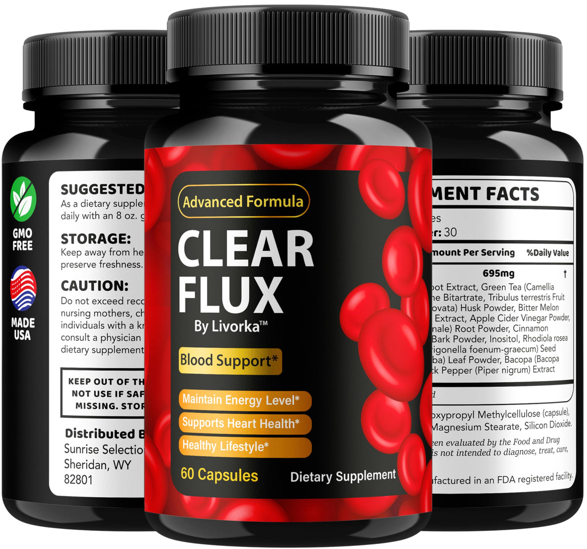 Clear Flux Advanced Blood Health Support bottle side view detailing manufacturing information