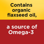 Side view of organic flaxseed oil dietary supplement showing nutritional facts panel.