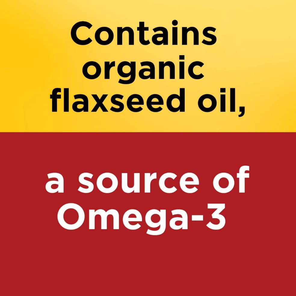 Side view of organic flaxseed oil dietary supplement showing nutritional facts panel.