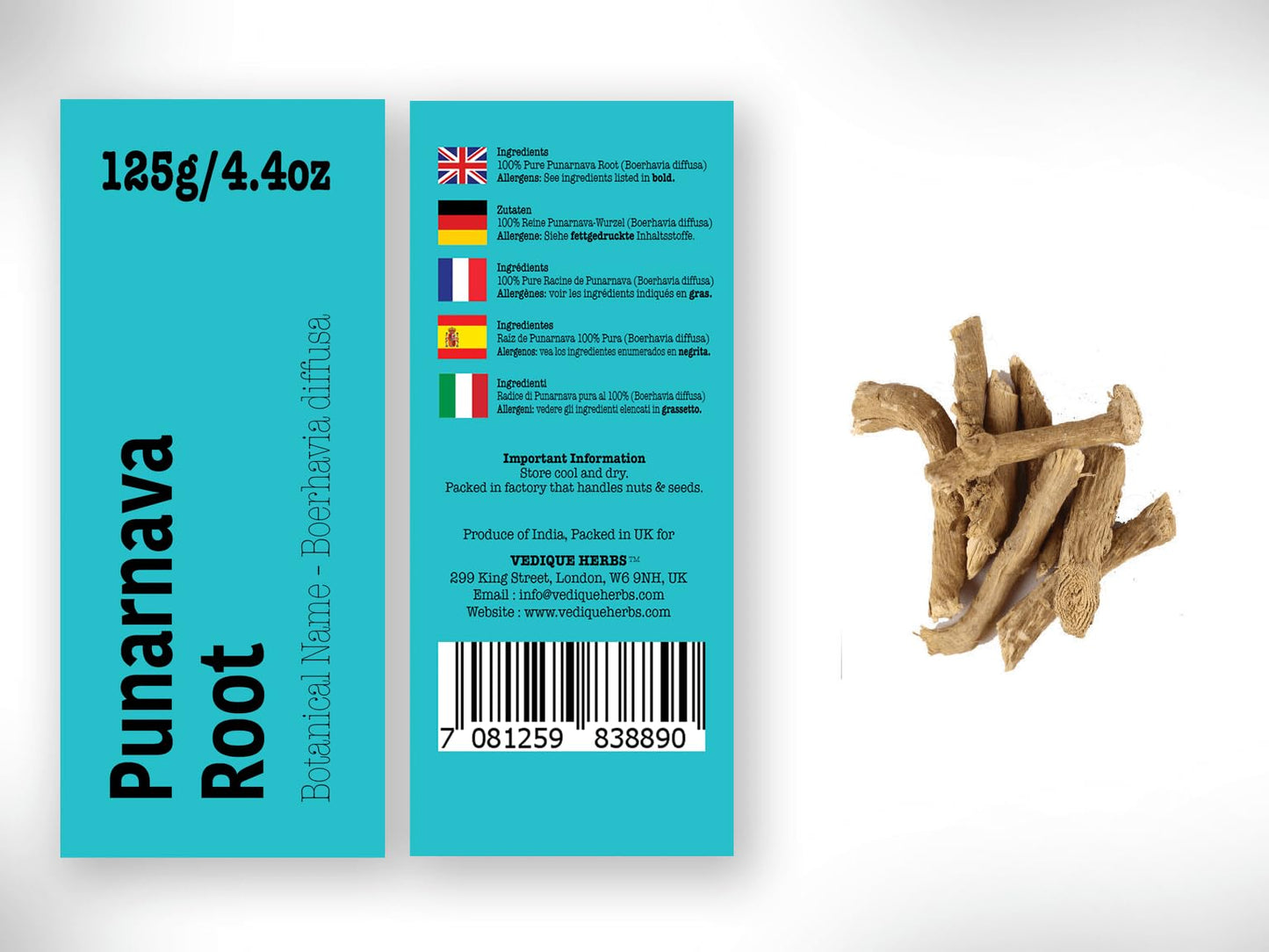 Close-up of the raw dried tea-cut Punarnava root pieces outside the packaging highlighting the premium crude quality