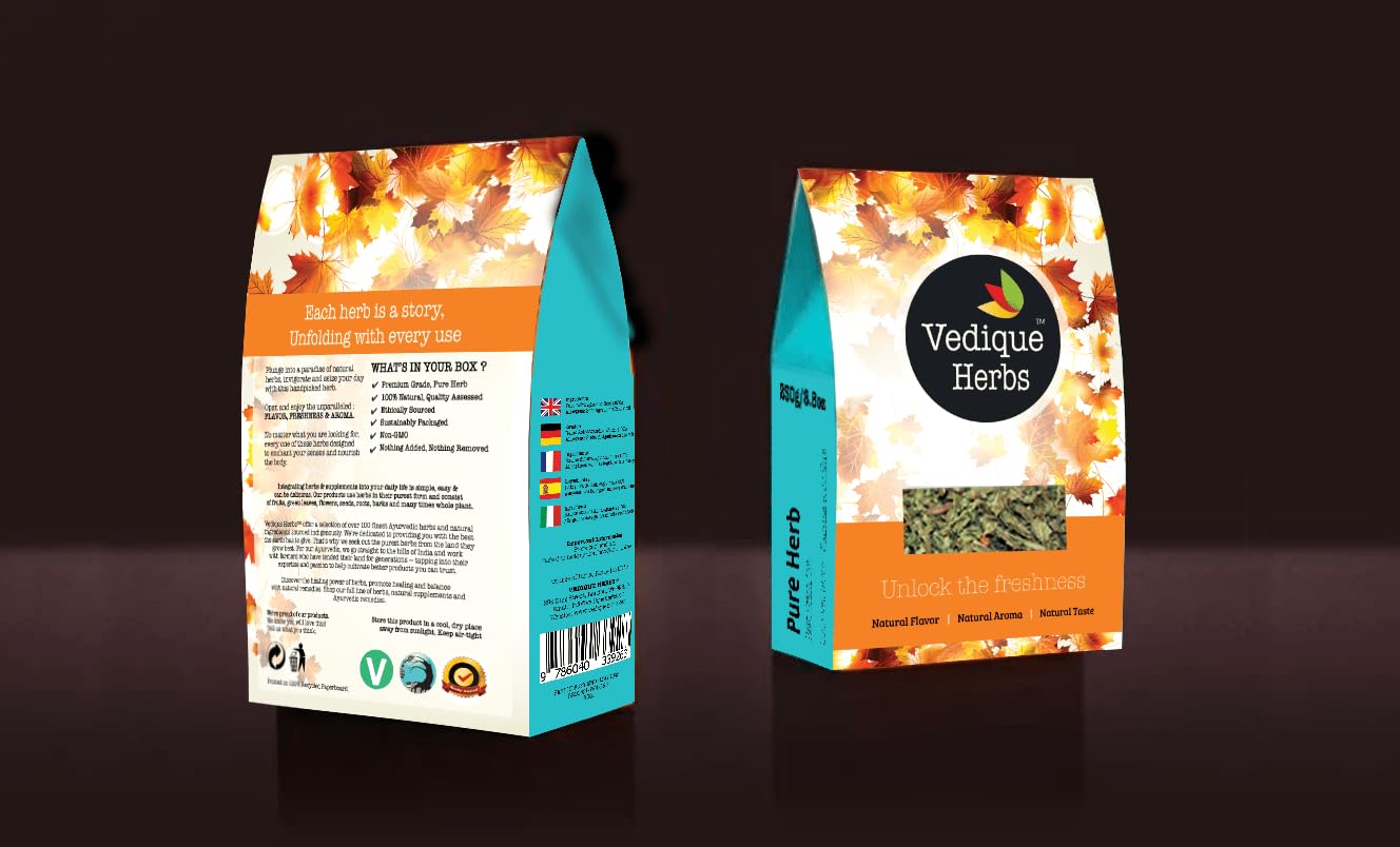 A lifestyle shot of the authentic imported Vedique Herbs stand-up freshness box on a kitchen wellness shelf