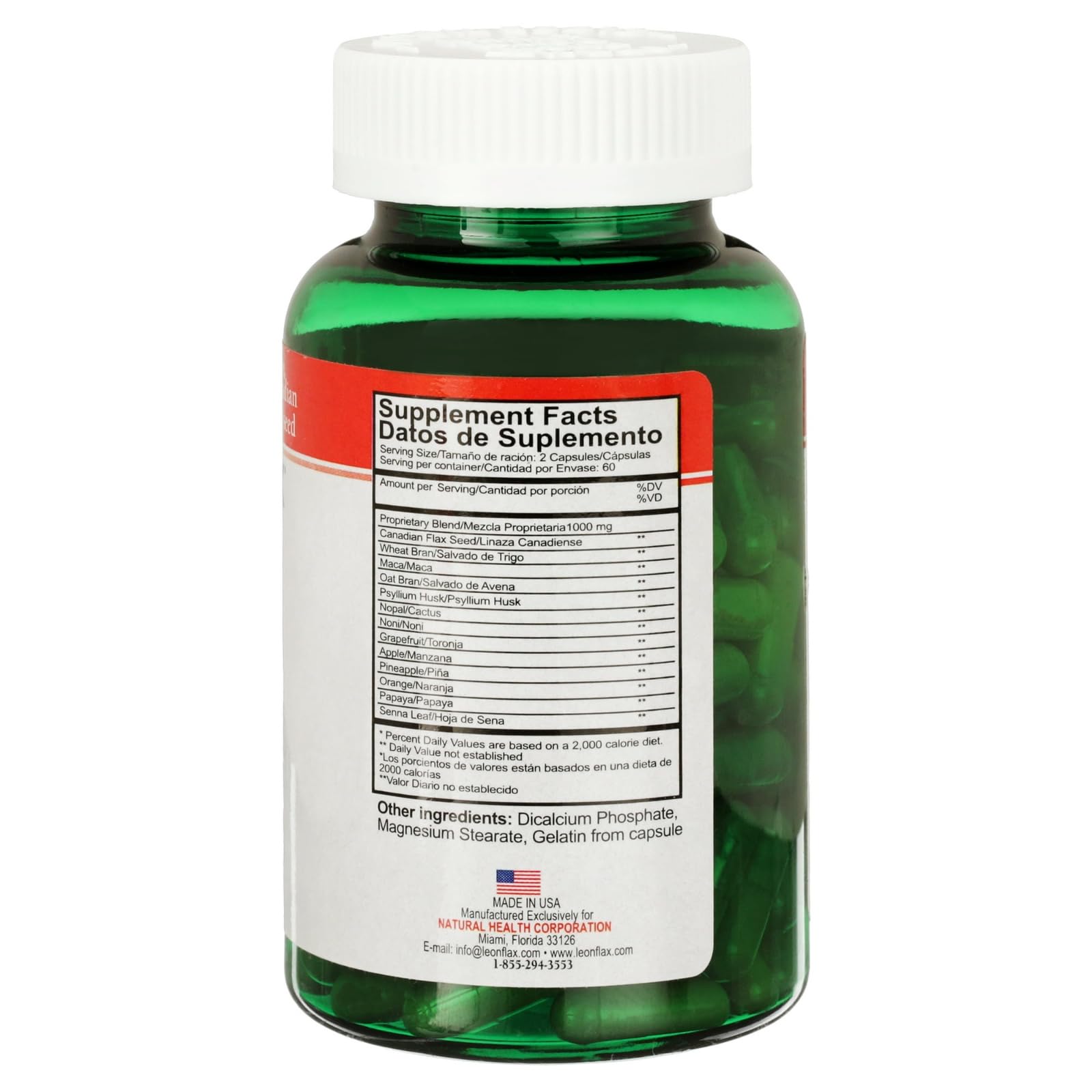 Leonflax Canadian flaxseed colon cleanse supplement packaging showing nutrition facts