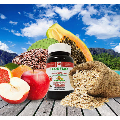 Leonflax natural high fiber supplement capsules with Omega 3 6 9 benefits