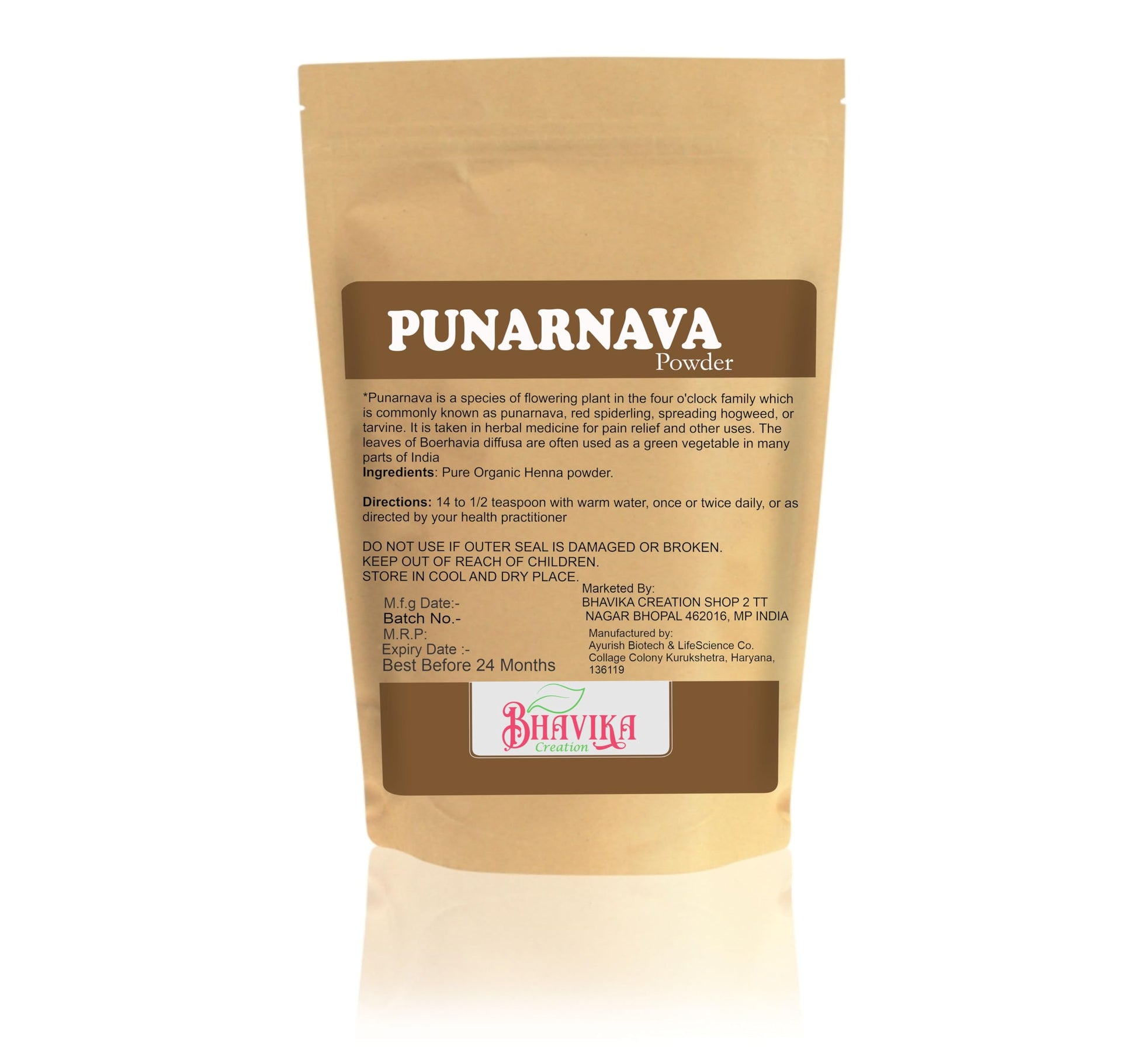 Back panel description and usage instructions for Boerhavia diffusa natural herbal supplement.