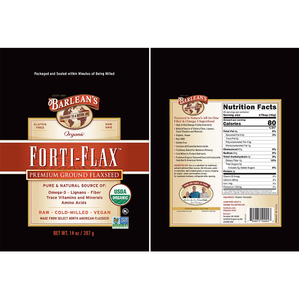 Barlean's organic premium cold milled flaxseed powder supplement bag