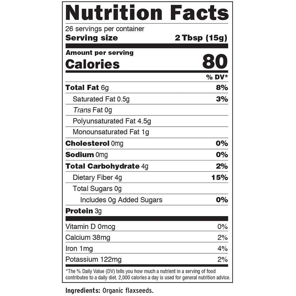Back label of Barlean's Forti Flax showing nutrition facts and USDA organic seal