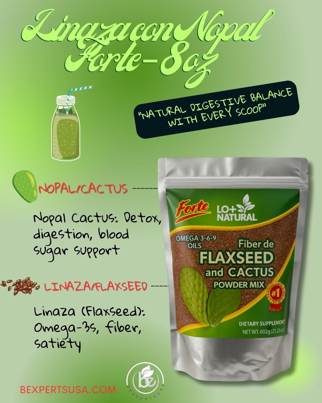 LO+NATURAL Flaxseed and Nopal Cactus dietary supplement packaging back view detailing fiber nutrition facts