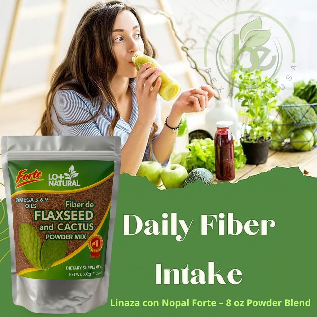 LO+NATURAL Linaza con Nopal Forte 612 grams container angled view highlighting vegan non-GMO labels