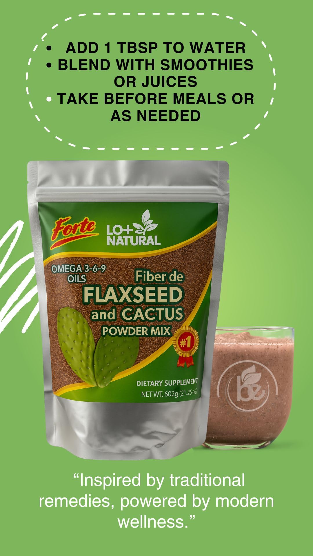 Authentic LO+NATURAL flaxseed and cactus blend container showing zero added sugar certification seal