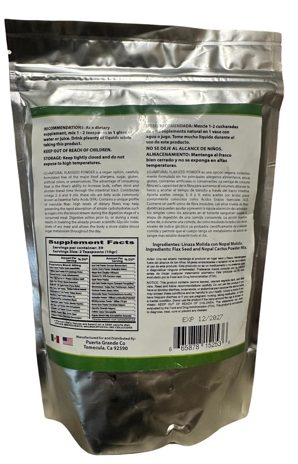 LO+NATURAL Linaza con Nopal Forte powder product scale perspective showing full premium 21 ounce size