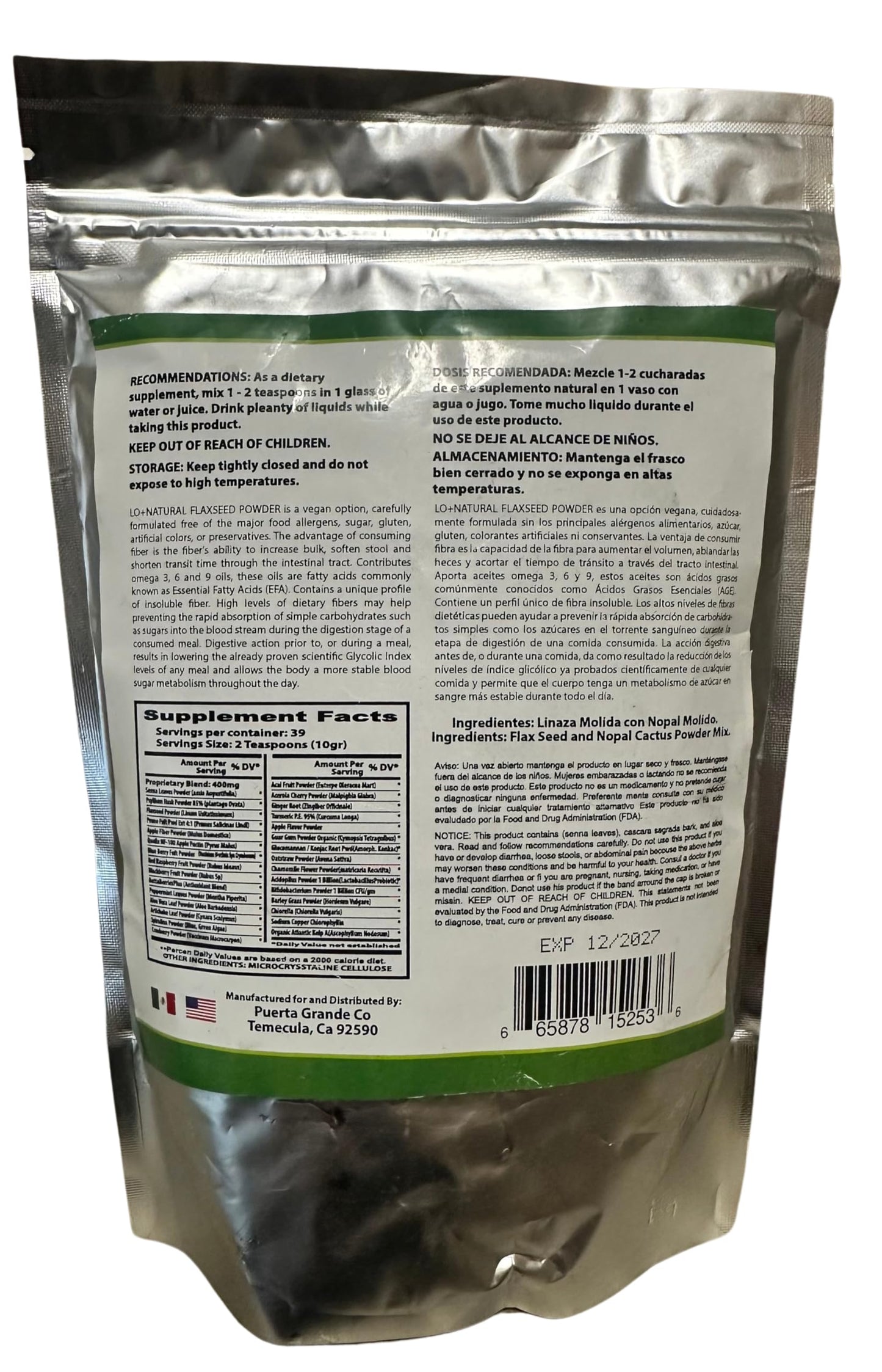 LO+NATURAL Linaza con Nopal Forte powder product scale perspective showing full premium 21 ounce size