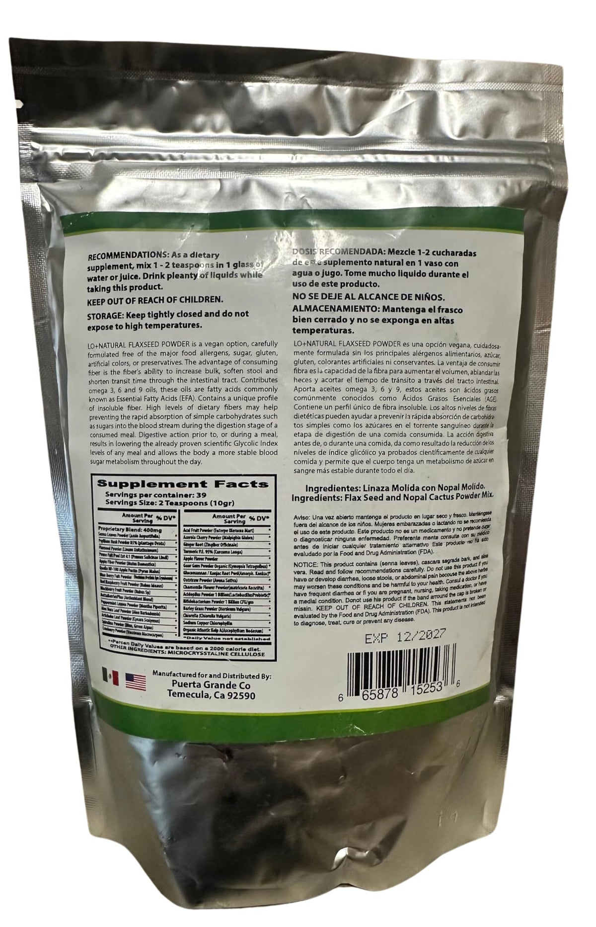 LO+NATURAL Linaza con Nopal Forte powder product scale perspective showing full premium 21 ounce size