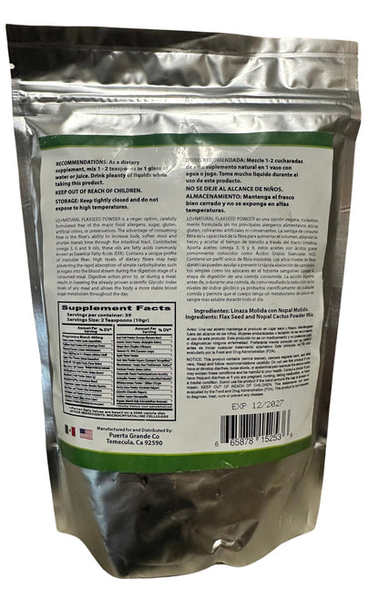 LO+NATURAL Linaza con Nopal Forte powder product scale perspective showing full premium 21 ounce size