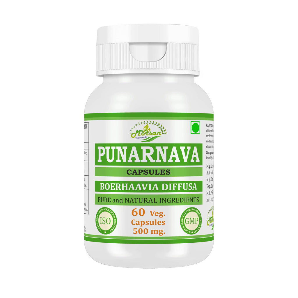 Morsan Nutraveda Punarnava supplement bottle showing the ingredient list and 500 milligram dosage instructions.