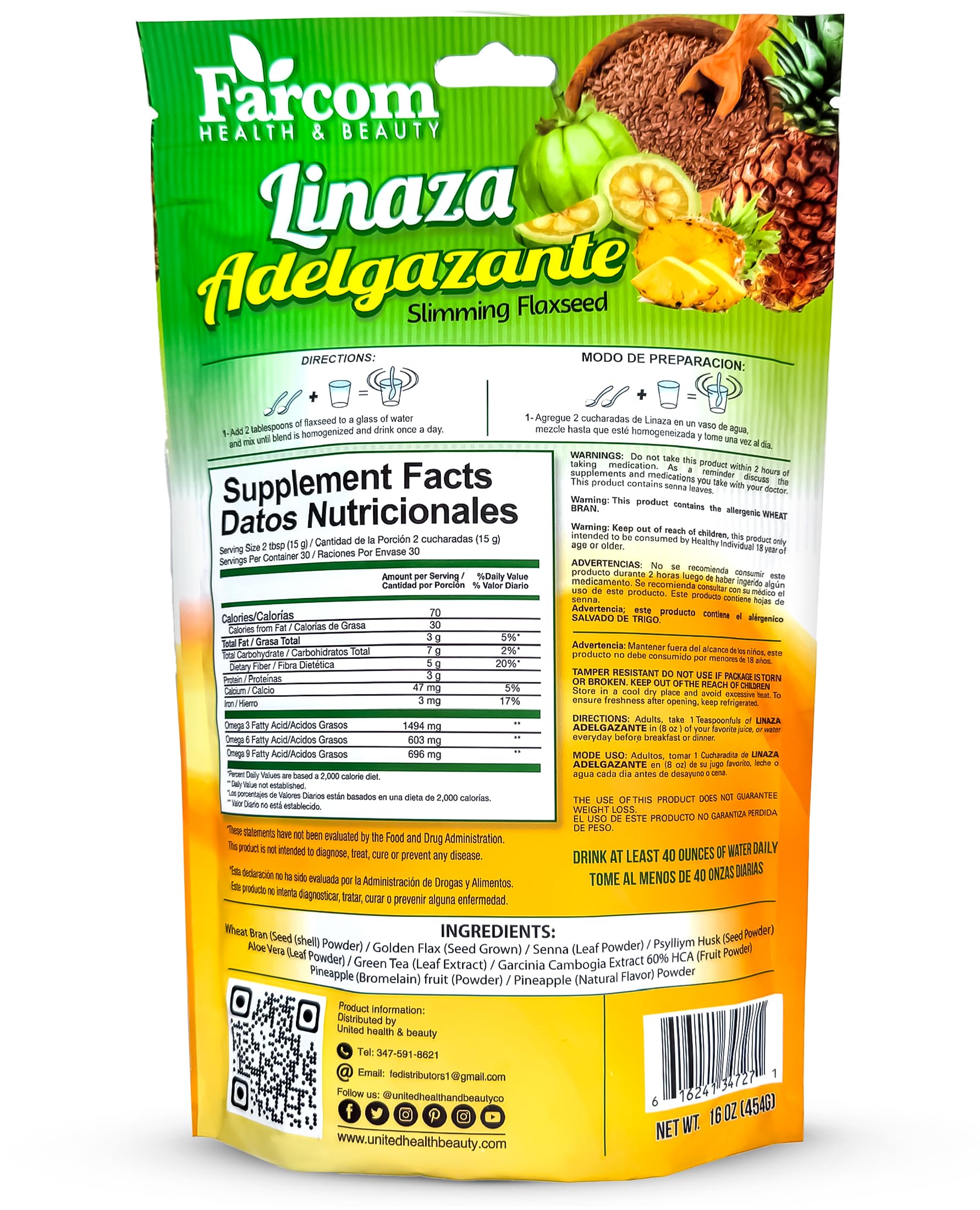 Leonflax slimming linaza adelgazante powder featuring pineapple and garcinia cambogia ingredients list