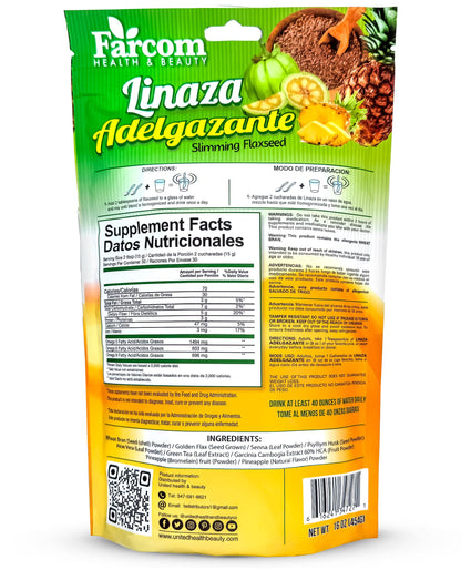 Leonflax slimming linaza adelgazante powder featuring pineapple and garcinia cambogia ingredients list
