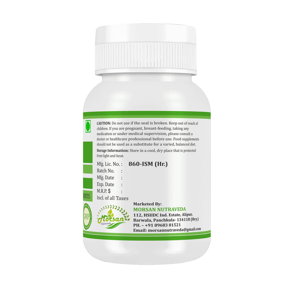 Close up of the vegetarian capsules next to the Morsan Nutraveda Punarnava bottle.