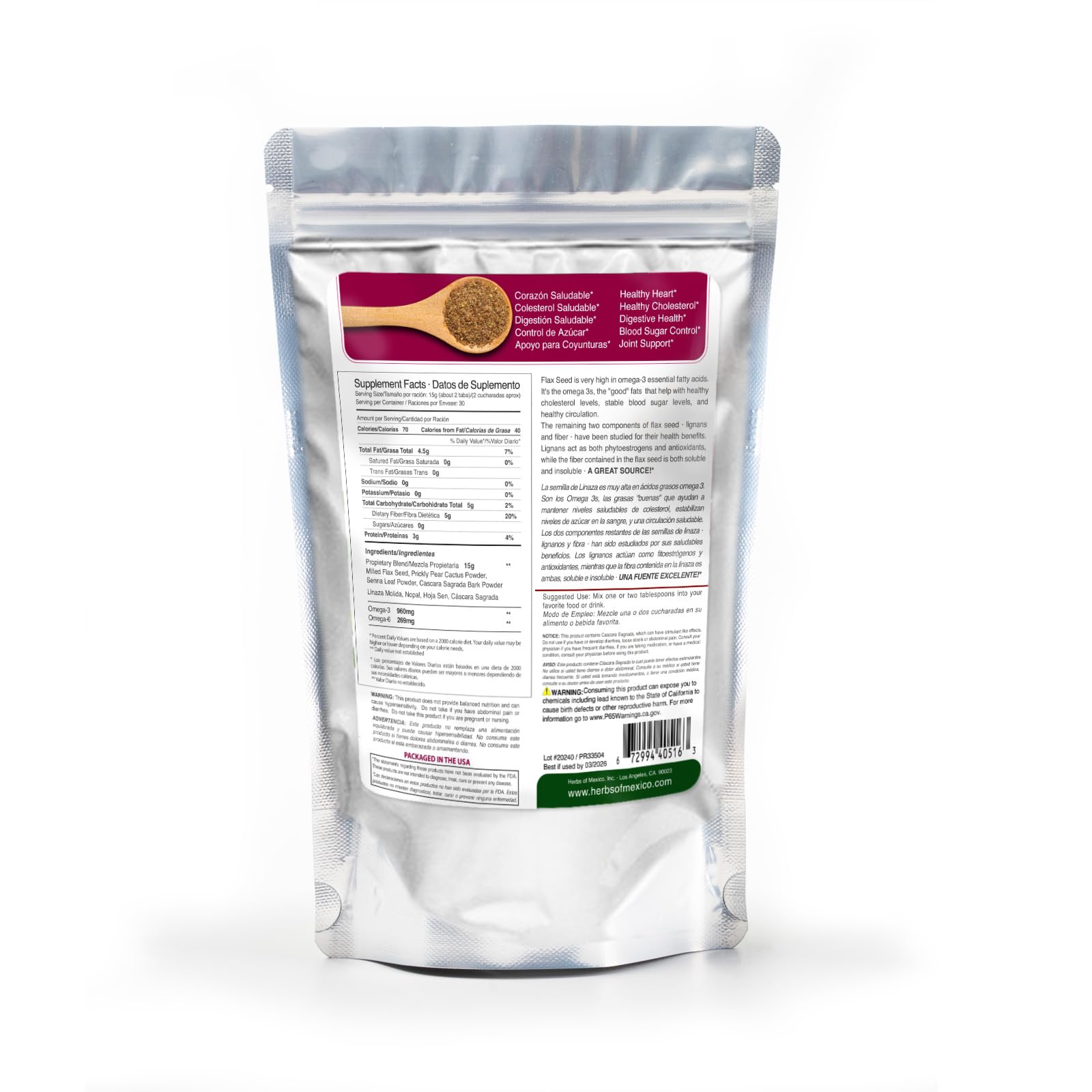 Herbal flaxseed and cactus meal packaging highlighting dietary fiber and omega oils.