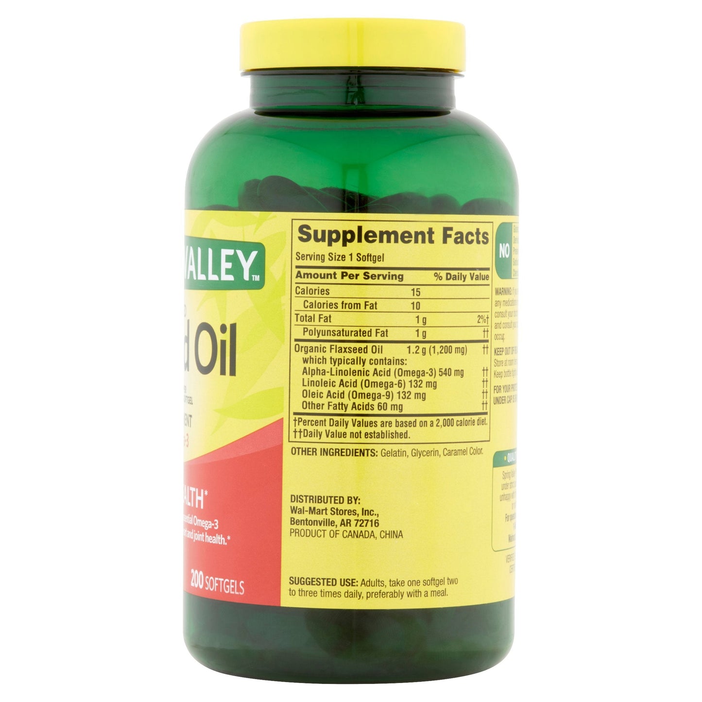 Back view of premium flaxseed oil dietary supplement bottle containing 200 softgels.