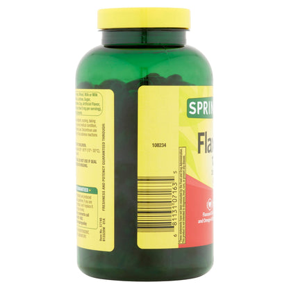 Spring Valley supplement nutritional facts panel highlighting hexane free organic flaxseed oil ingredients.
