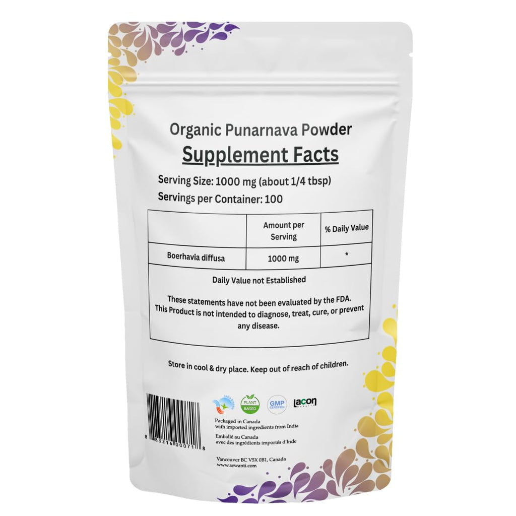 Organic Boerhavia diffusa root supplement powder details and nutritional facts label.