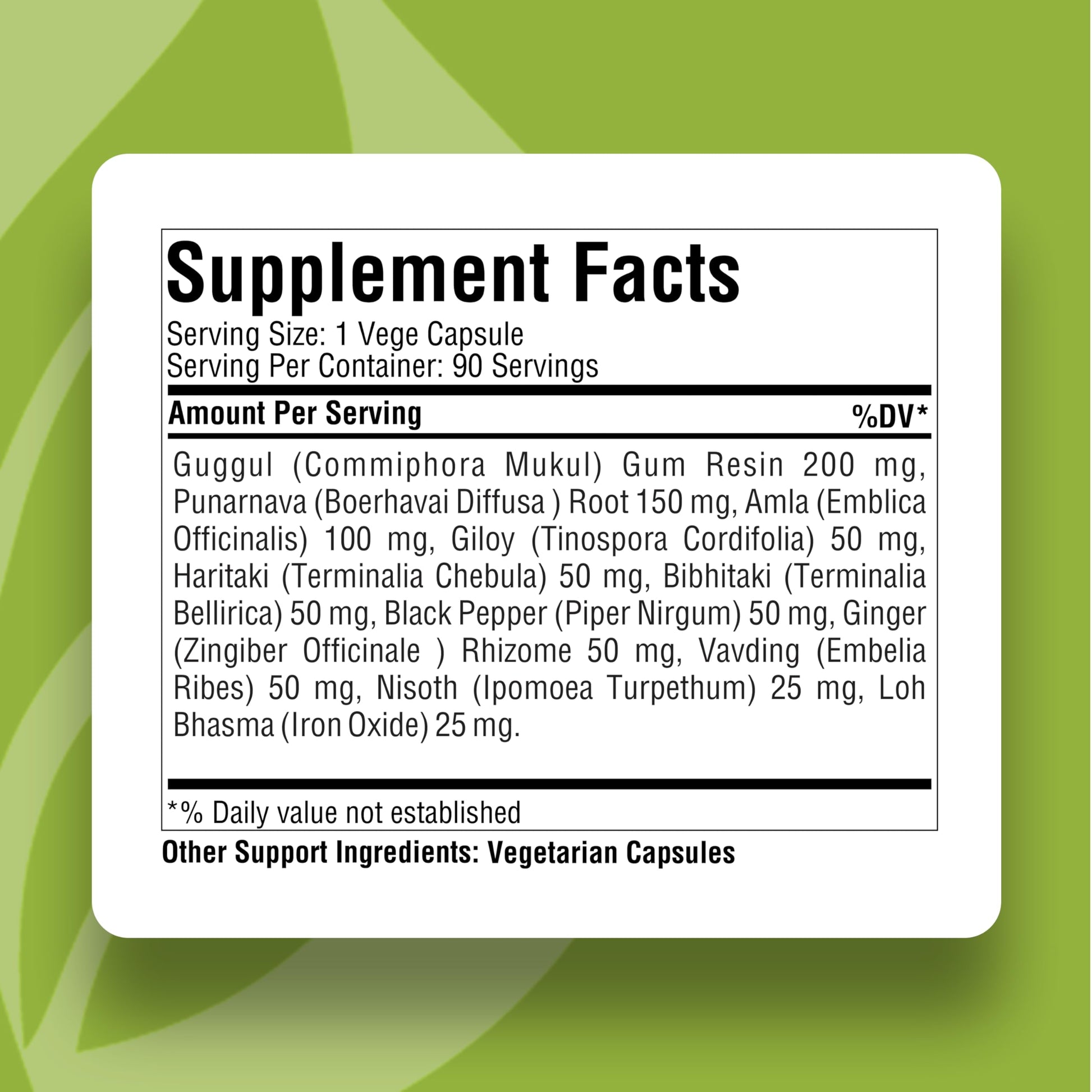 Herbsforever Punarnavadi Guggulu supplement facts and ingredient list label details.