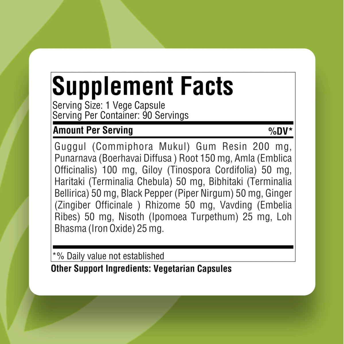 Herbsforever Punarnavadi Guggulu supplement facts and ingredient list label details.