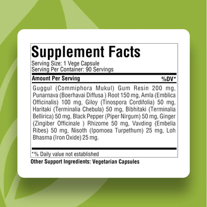 Herbsforever Punarnavadi Guggulu supplement facts and ingredient list label details.