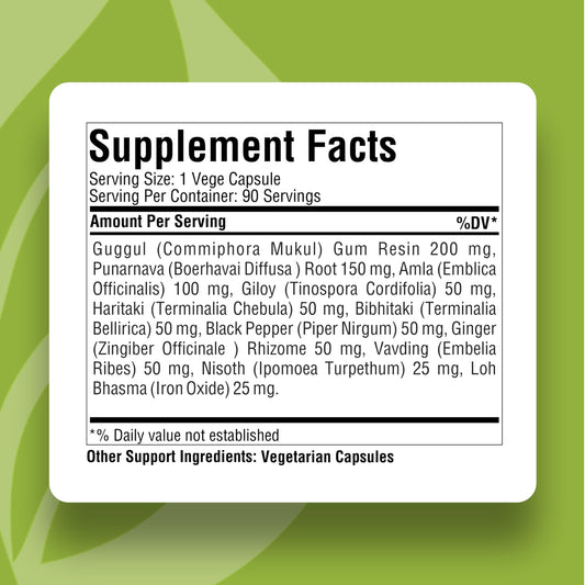 Herbsforever Punarnavadi Guggulu supplement facts and ingredient list label details.