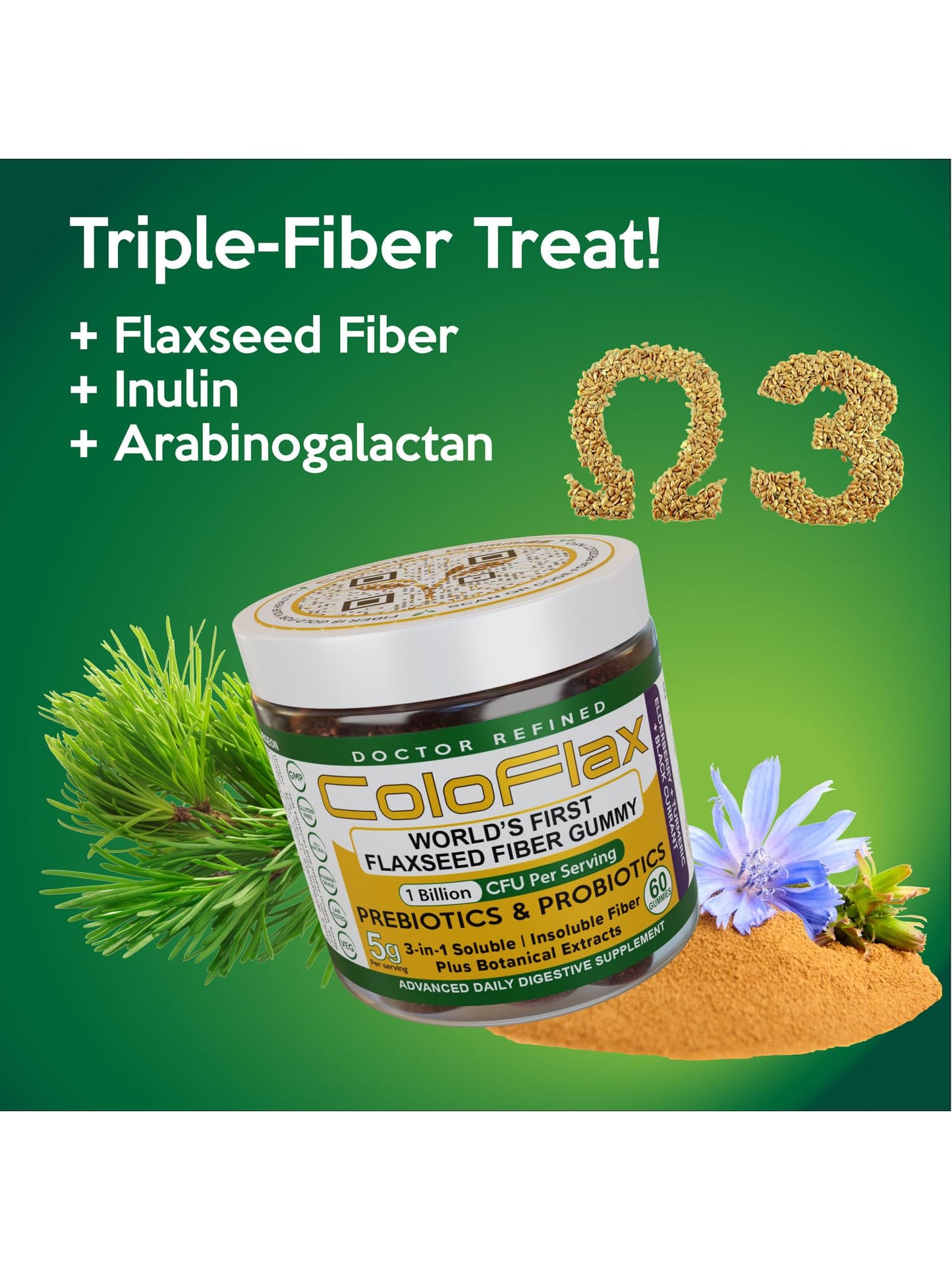 Supplement facts label on ColoFlax 3 in 1 dietary fiber gummies.