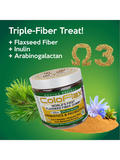 Supplement facts label on ColoFlax 3 in 1 dietary fiber gummies.