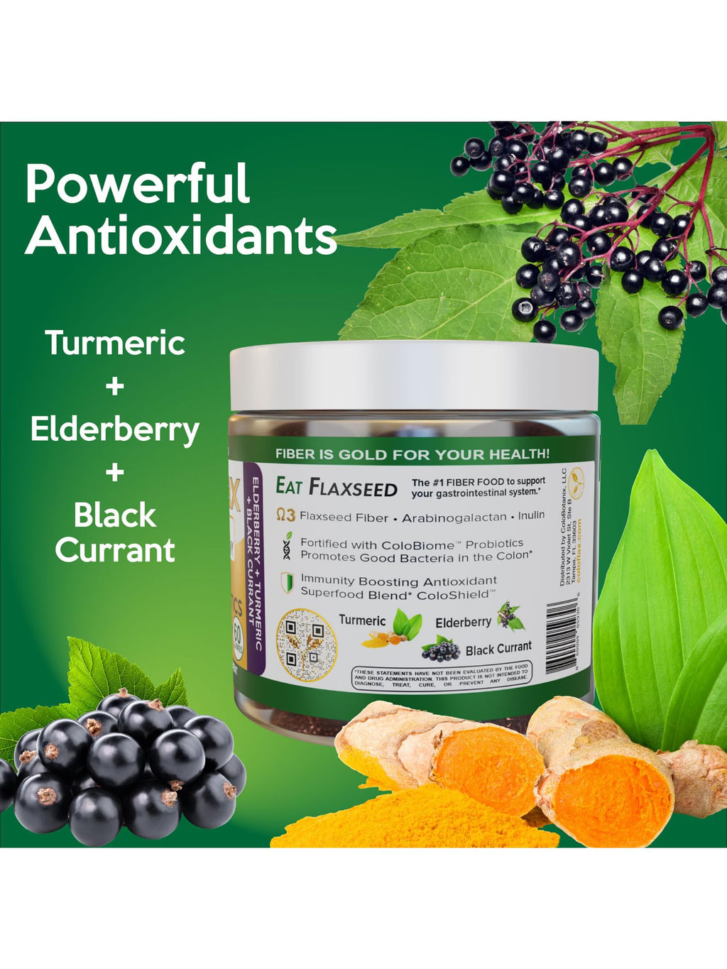 ColoFlax gut health supplement bottle with elderberry turmeric and black currant.