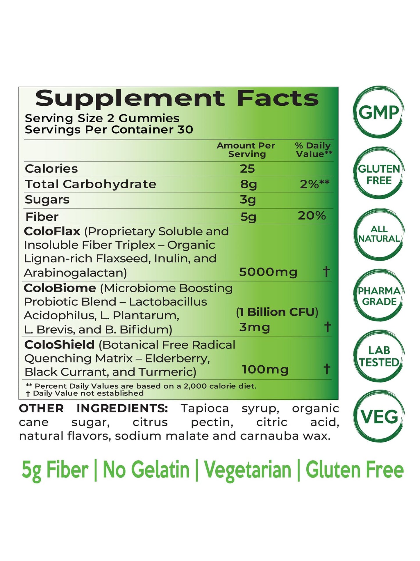 Close up of chewable flaxseed fiber gummies with 1 billion CFU probiotics.
