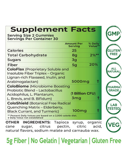 Close up of chewable flaxseed fiber gummies with 1 billion CFU probiotics.