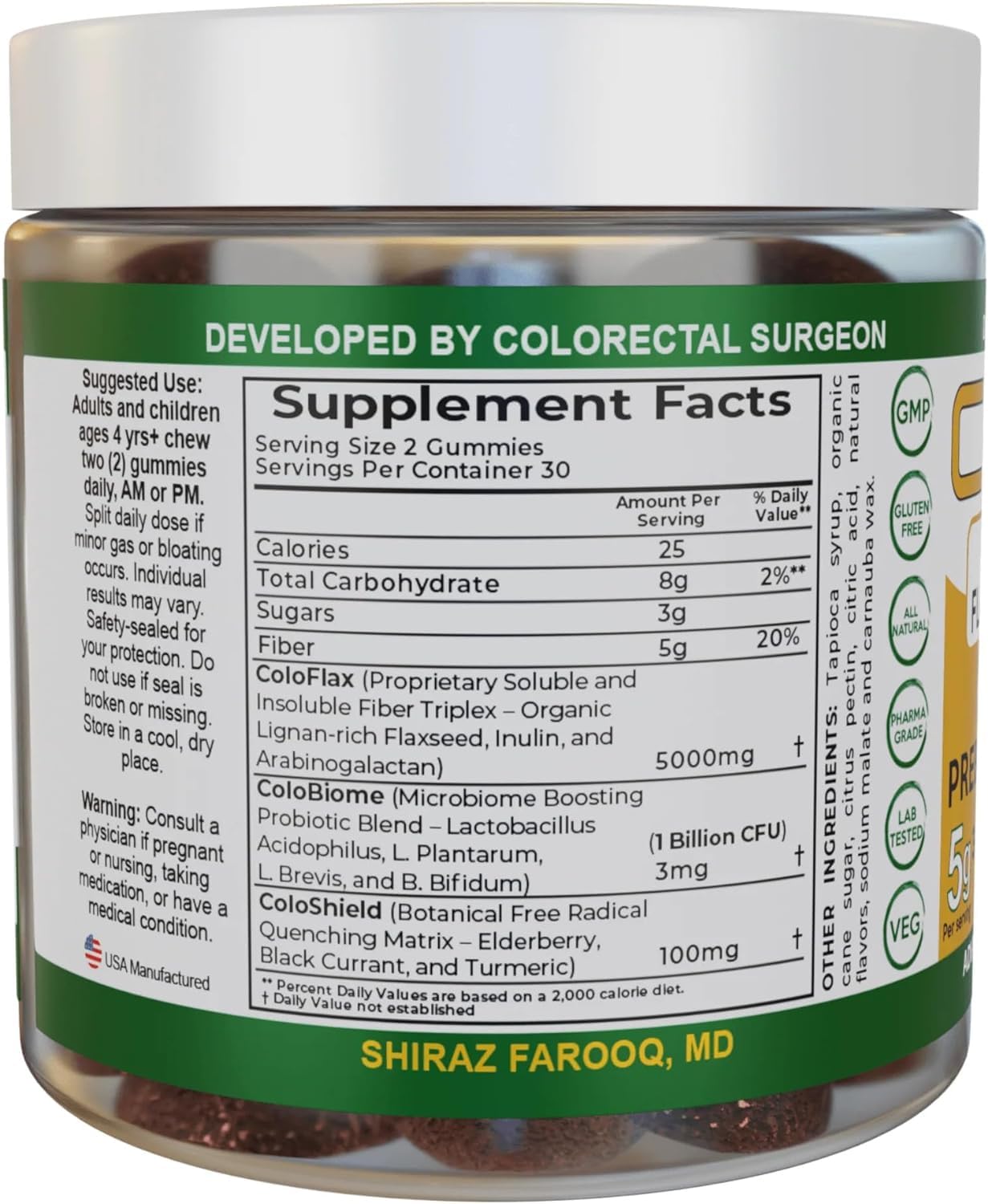 Authentic USA imported ColoFlax organic fiber gummies packaging detail.