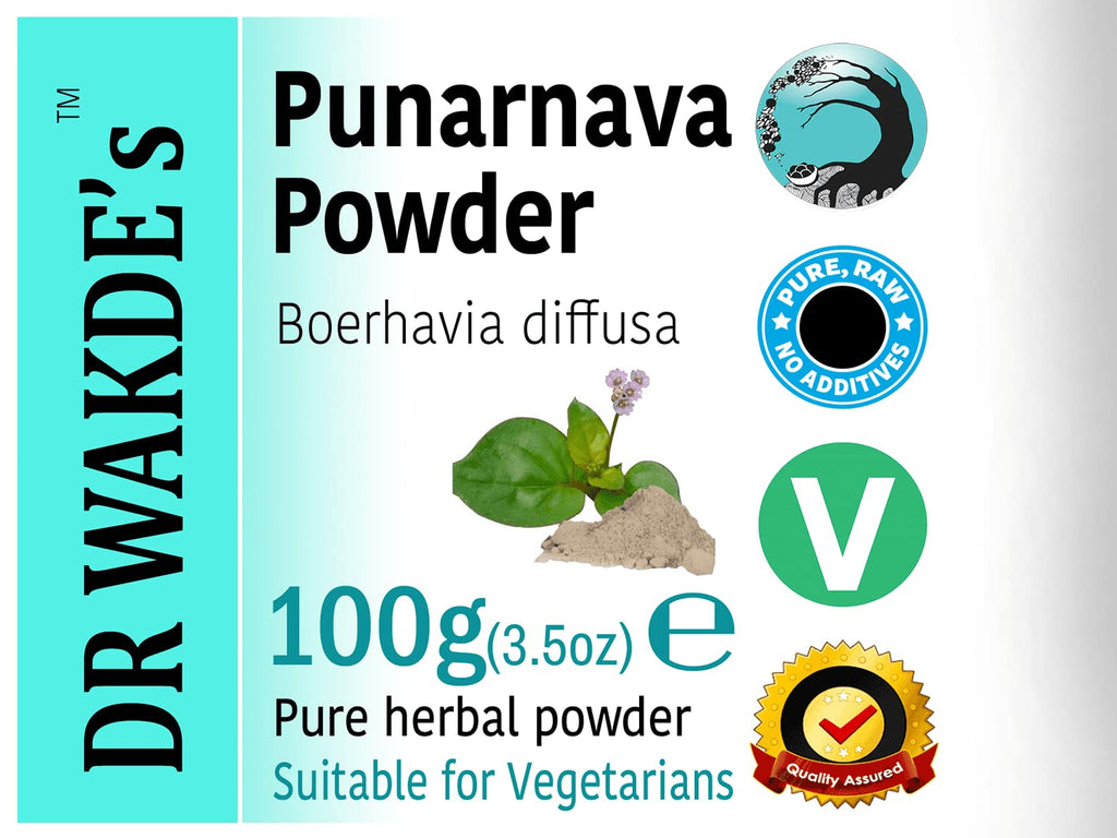 Side view of premium glass jar container filled with raw dried Punarnava wellness powder