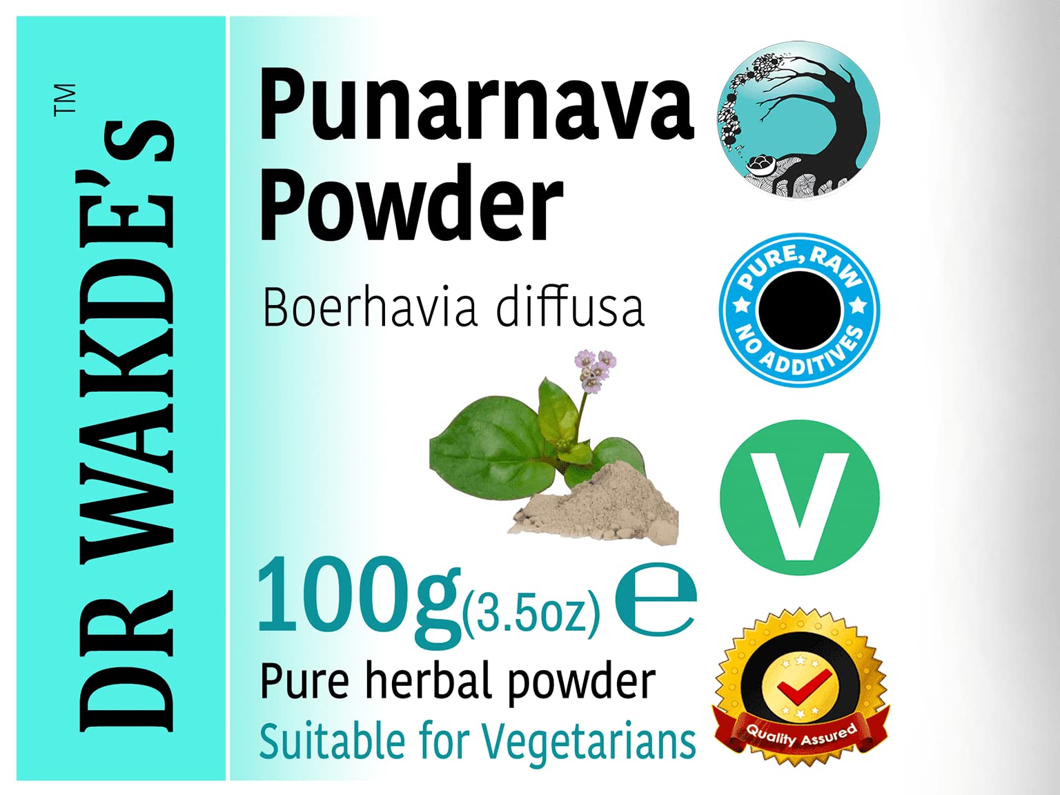 Side view of premium glass jar container filled with raw dried Punarnava wellness powder