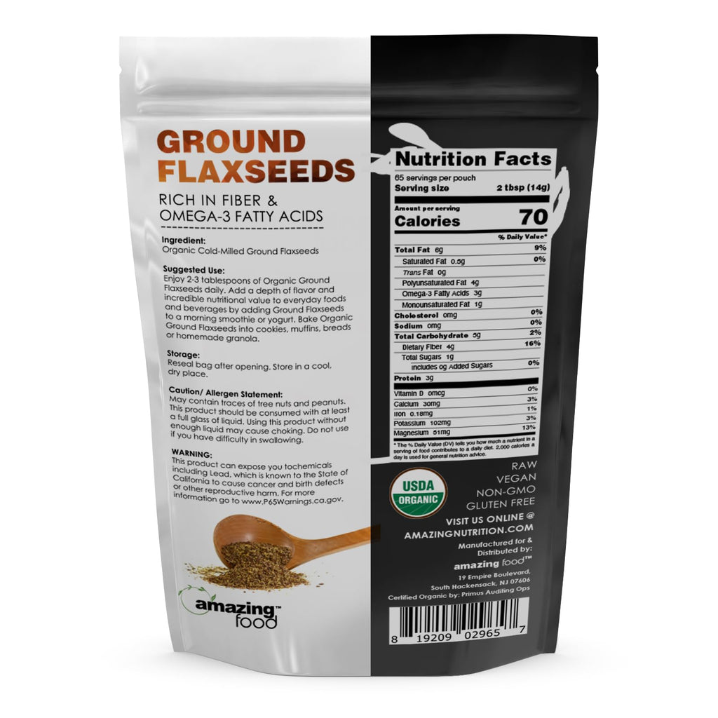 Organic cold milled flaxseed powder rich in omega three fatty acids packaging back view