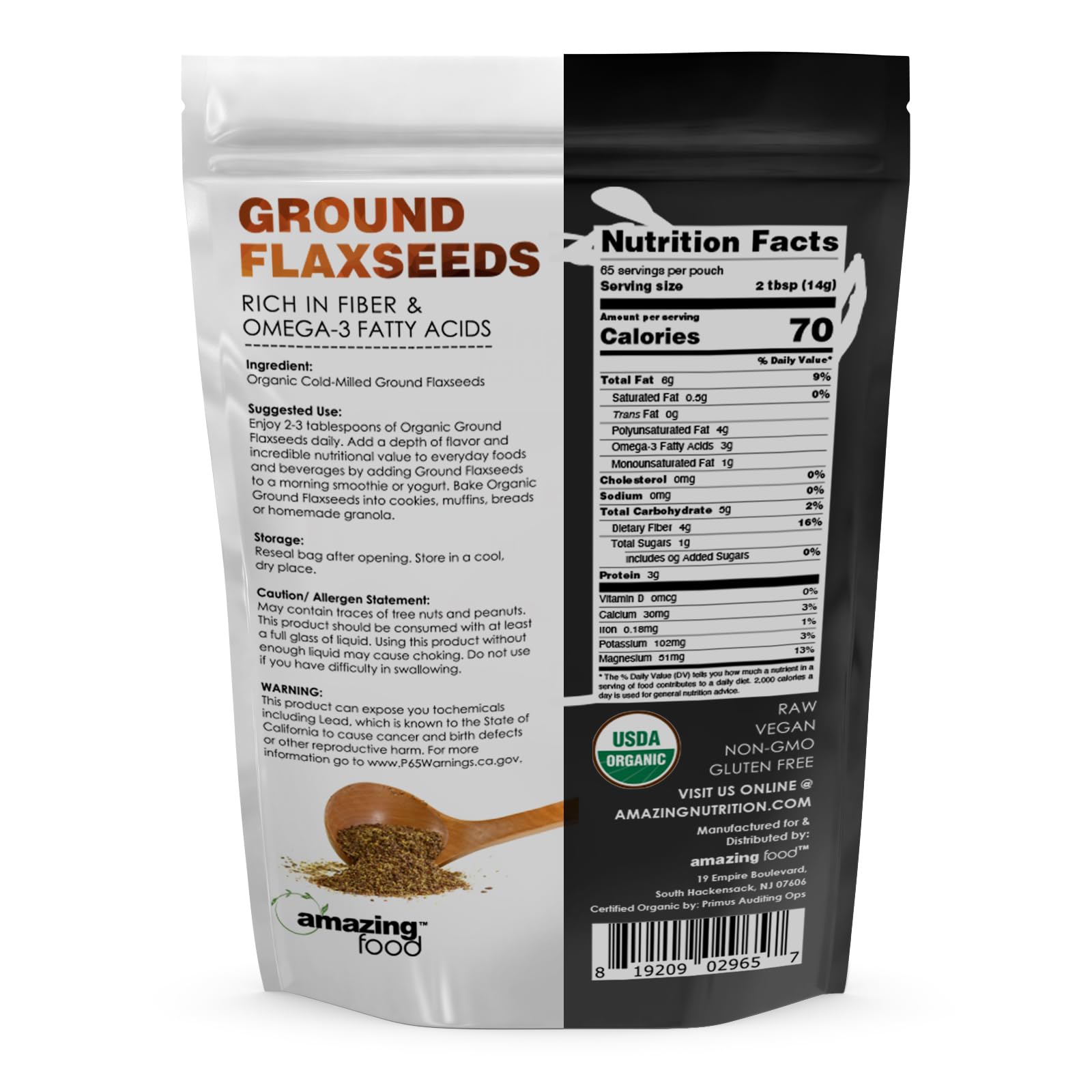 Organic cold milled flaxseed powder rich in omega three fatty acids packaging back view