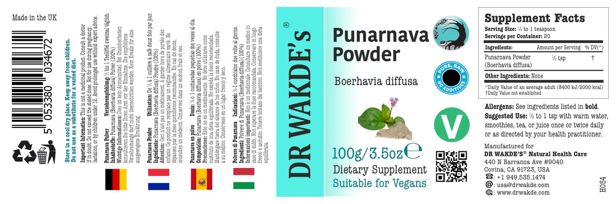 Dr. Wakde's organic Spreading Hogweed powder highlighting vegan and vegetarian badges