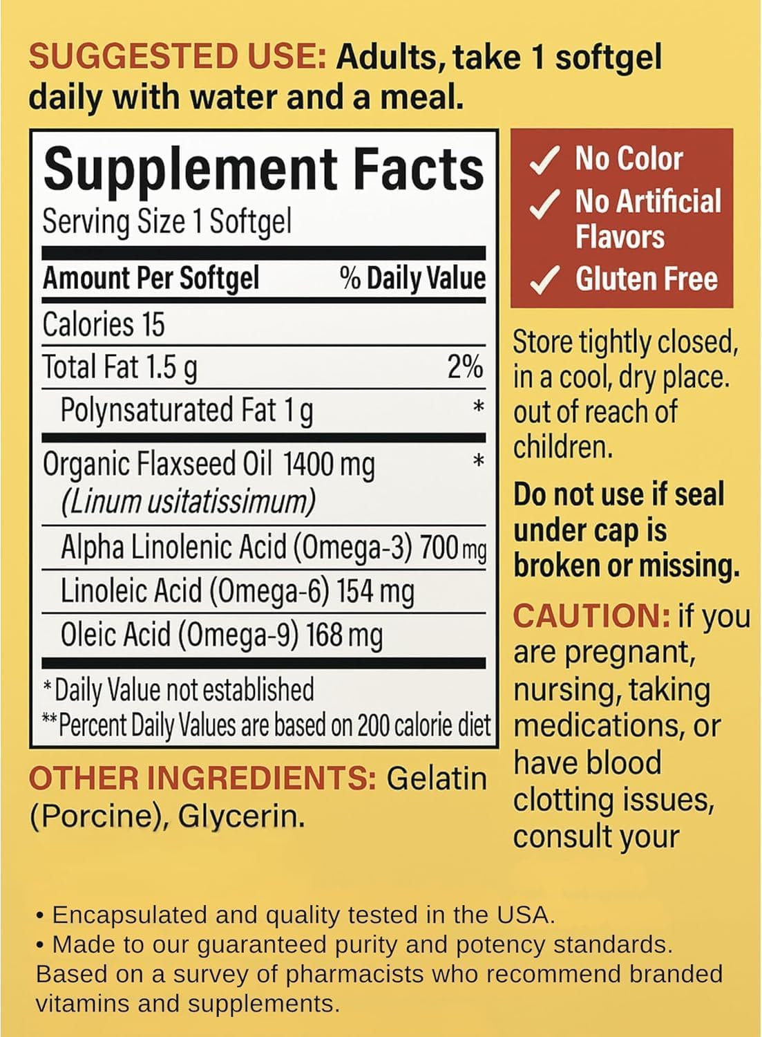 Nature Made Organic Flaxseed Oil dietary supplement packaging detailing omega 3 ALA content