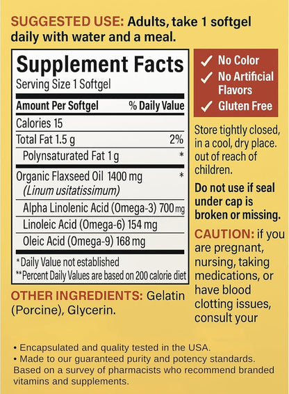 Nature Made Organic Flaxseed Oil dietary supplement packaging detailing omega 3 ALA content