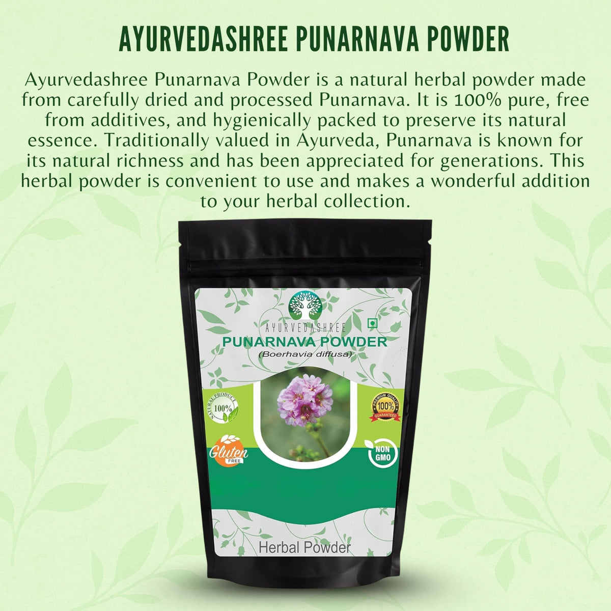 Natural Ayurvedic detox powder in black resealable packaging pouch