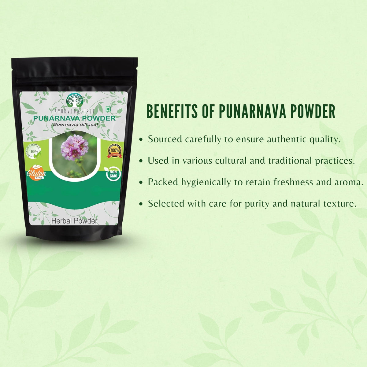 Ayurvedic liver care powder displaying pure vegan ingredients check